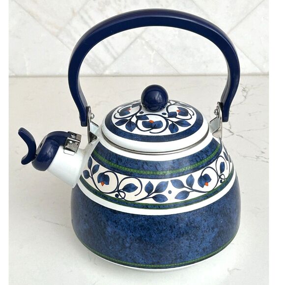 Pfaltzgraff Enamel Tea Kettle Blue/Green/White Stripe & Floral Orleans Pattern - Picture 5 of 9